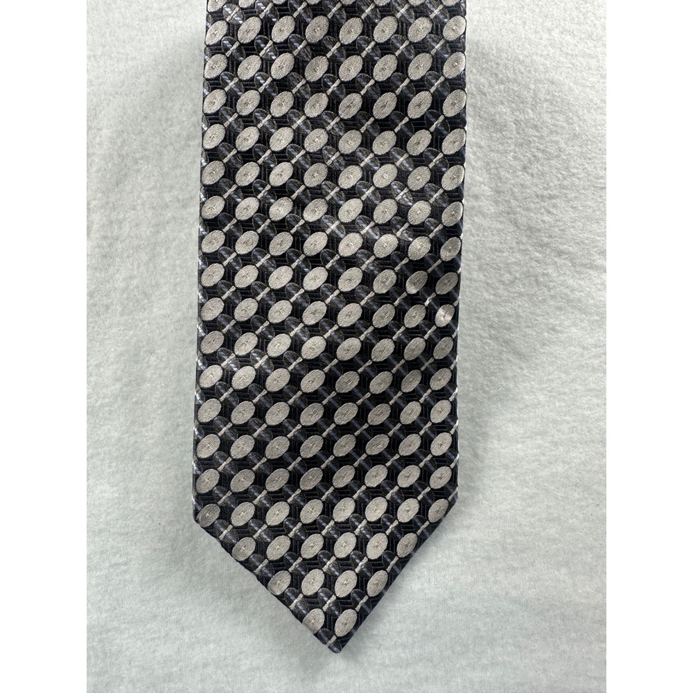 Ike Behar New York Mens Silk Tie Silver Grey Black Geometric Oval Hand Tailored